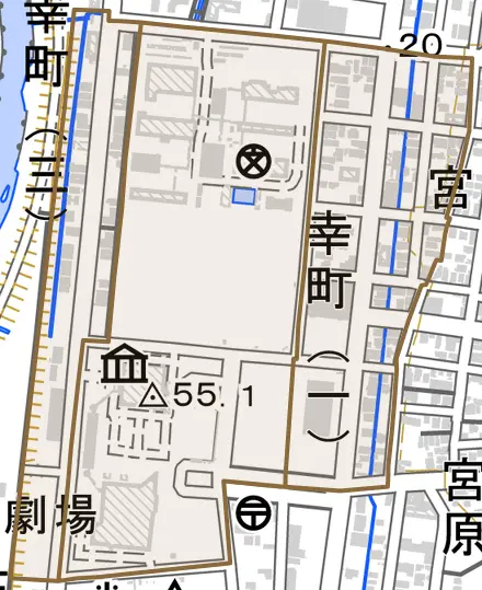 幸町とその周辺の地図。町の範囲を重ねている