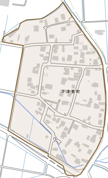 才津東町とその周辺の地図。町の範囲を重ねている
