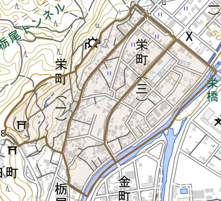 栄町とその周辺の地図。町の範囲を重ねている