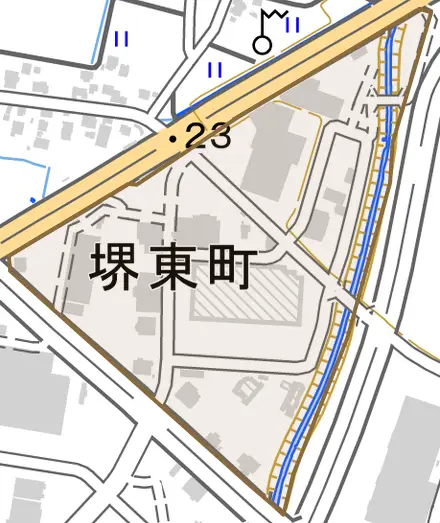堺東町とその周辺の地図。町の範囲を重ねている