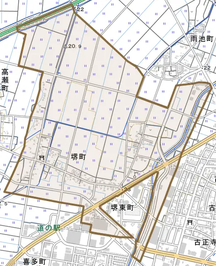 堺町とその周辺の地図。町の範囲を重ねている