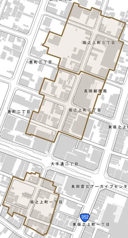 坂之上町とその周辺の地図。町の範囲を重ねている