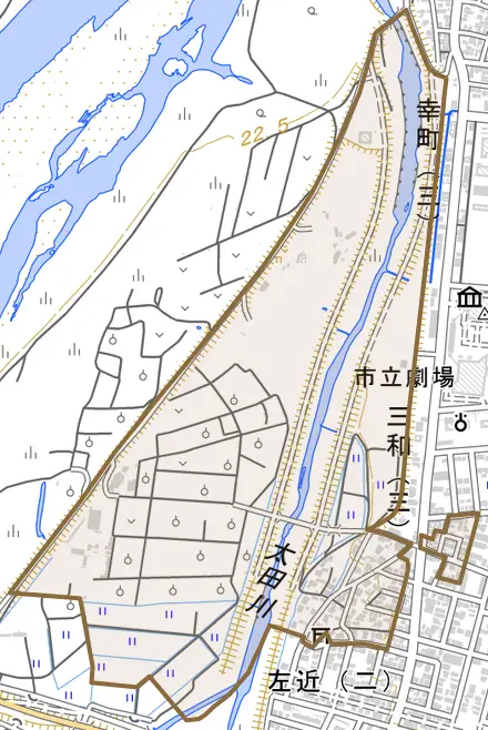 左近町とその周辺の地図。町の範囲を重ねている