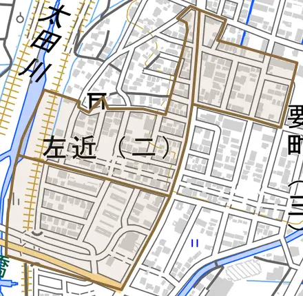 左近とその周辺の地図。町の範囲を重ねている