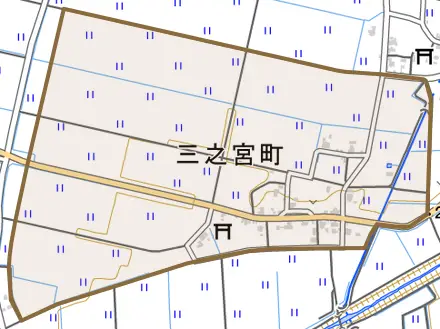 三之宮町とその周辺の地図。町の範囲を重ねている