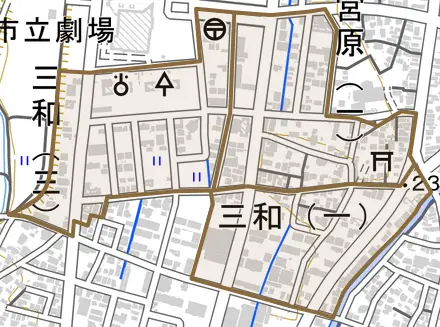 三和とその周辺の地図。町の範囲を重ねている