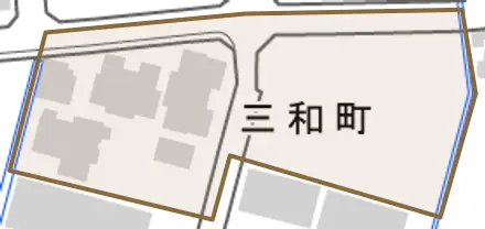 三和町とその周辺の地図。町の範囲を重ねている