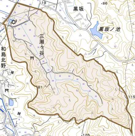 三瀬ケ谷とその周辺の地図。町の範囲を重ねている