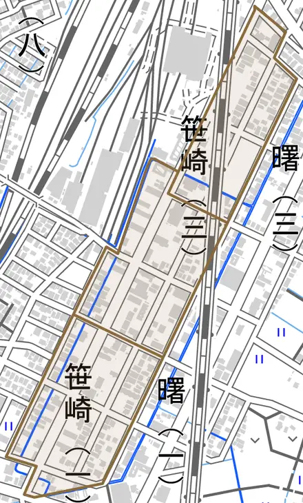 笹崎とその周辺の地図。町の範囲を重ねている