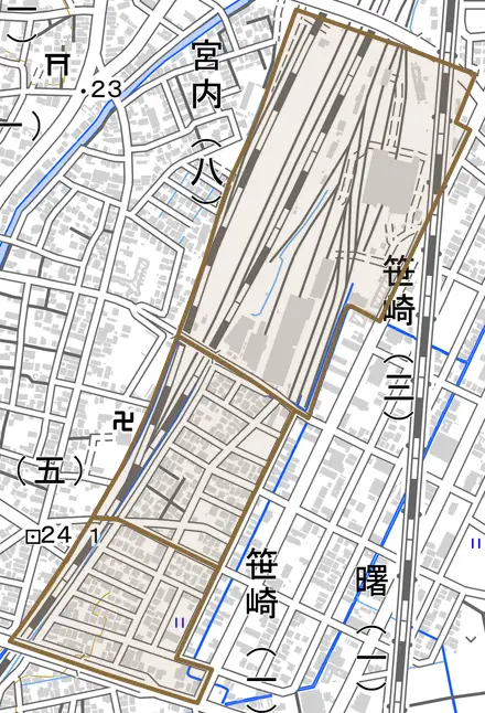 沢田とその周辺の地図。町の範囲を重ねている