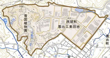 西陵町とその周辺の地図。町の範囲を重ねている