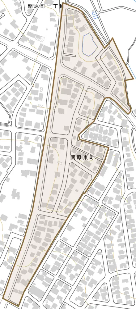 関原東町とその周辺の地図。町の範囲を重ねている