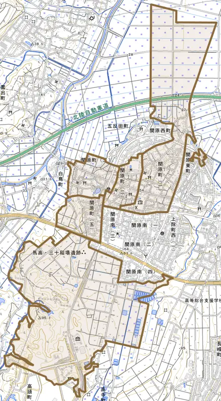 関原町とその周辺の地図。町の範囲を重ねている