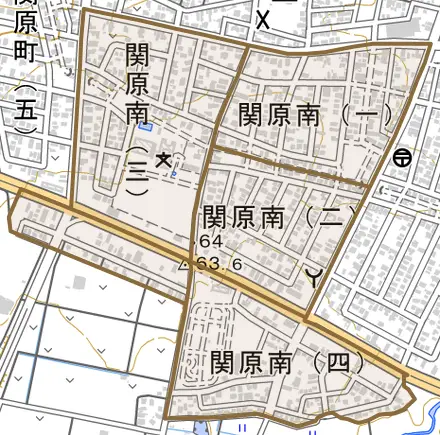 関原南とその周辺の地図。町の範囲を重ねている