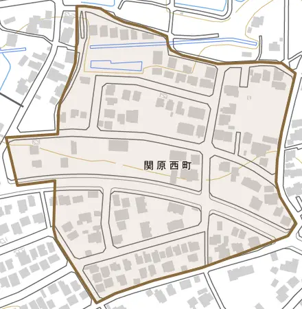 関原西町とその周辺の地図。町の範囲を重ねている