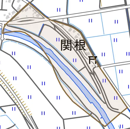 関根とその周辺の地図。町の範囲を重ねている