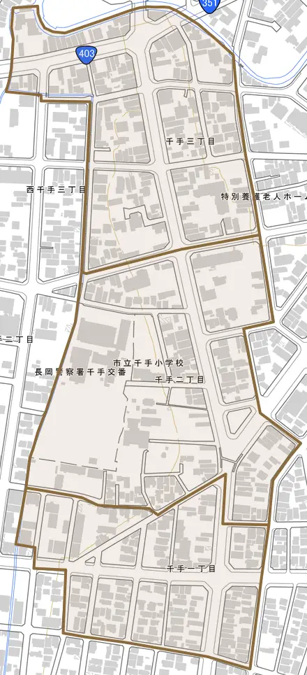 千手とその周辺の地図。町の範囲を重ねている