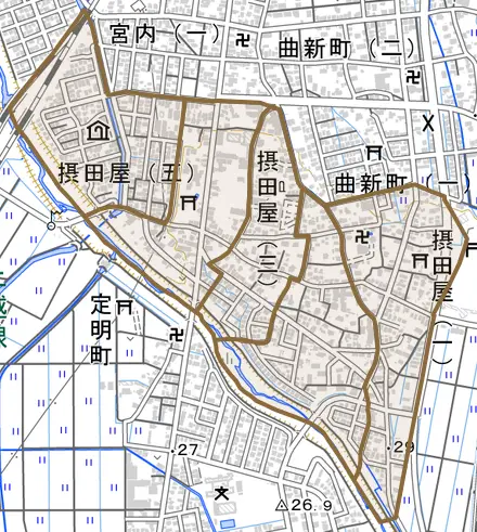 摂田屋とその周辺の地図。町の範囲を重ねている