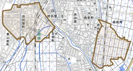 摂田屋町とその周辺の地図。町の範囲を重ねている