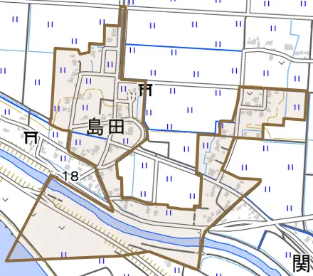 島田とその周辺の地図。町の範囲を重ねている