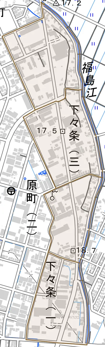 下々条とその周辺の地図。町の範囲を重ねている