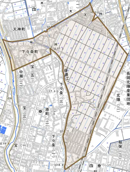 下々条町とその周辺の地図。町の範囲を重ねている
