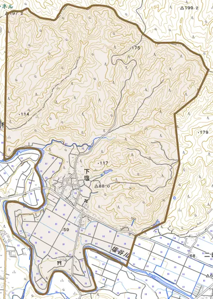 下塩とその周辺の地図。町の範囲を重ねている