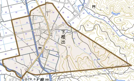 下樫出とその周辺の地図。町の範囲を重ねている