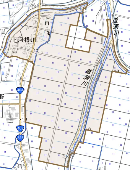 下河根川とその周辺の地図。町の範囲を重ねている