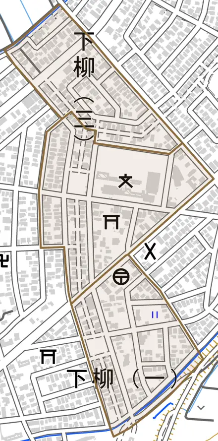 下柳とその周辺の地図。町の範囲を重ねている
