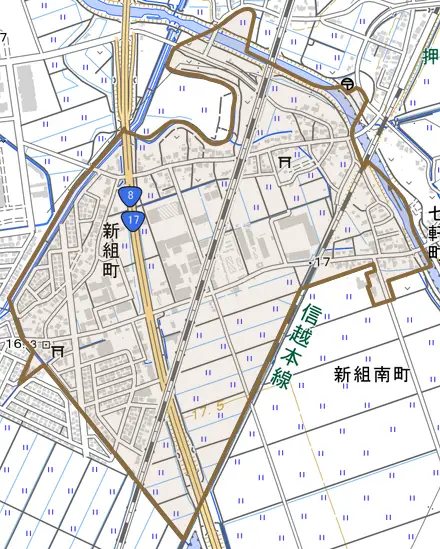 新組町とその周辺の地図。町の範囲を重ねている