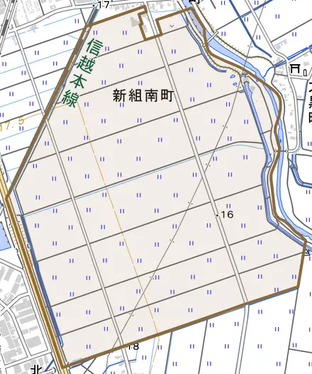 新組南町とその周辺の地図。町の範囲を重ねている