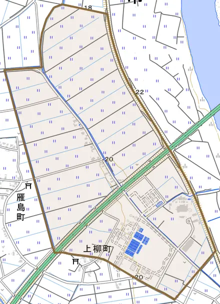 新開町とその周辺の地図。町の範囲を重ねている