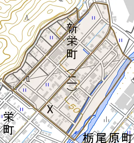 新栄町とその周辺の地図。町の範囲を重ねている