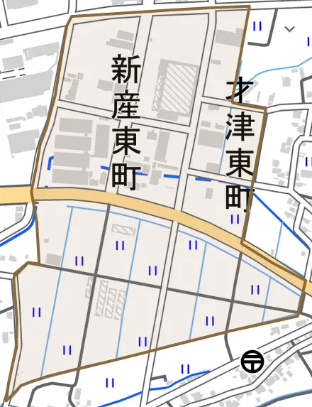 新産東町とその周辺の地図。町の範囲を重ねている