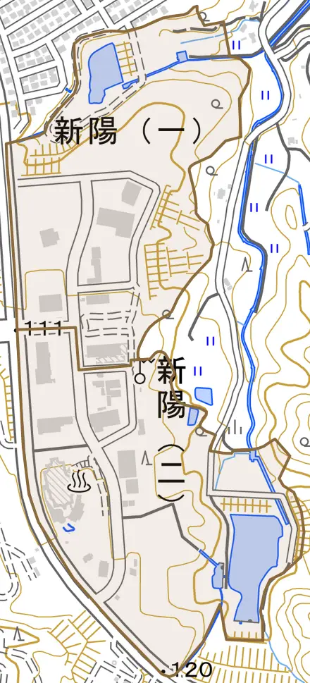 新陽とその周辺の地図。町の範囲を重ねている