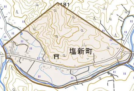 塩新町とその周辺の地図。町の範囲を重ねている