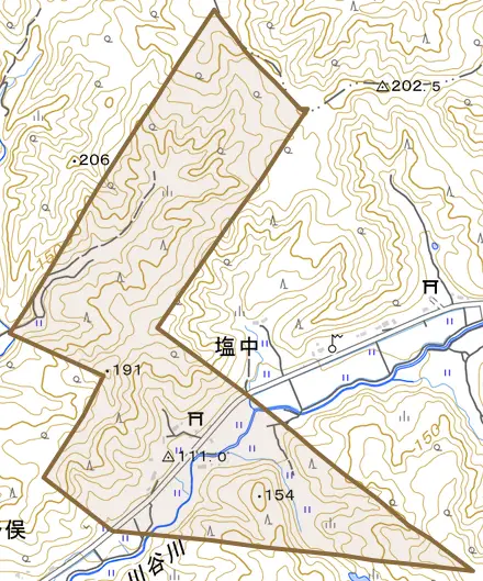 塩中とその周辺の地図。町の範囲を重ねている