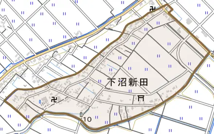 下沼新田とその周辺の地図。町の範囲を重ねている