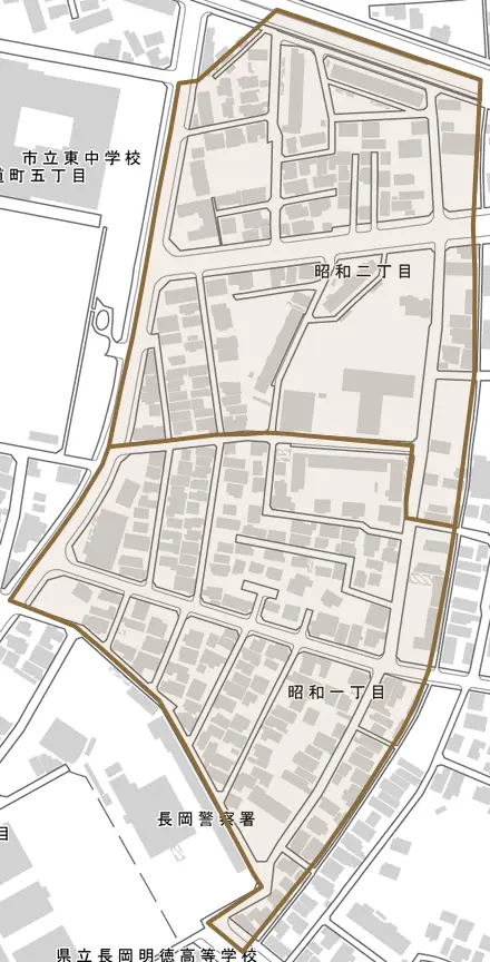 昭和とその周辺の地図。町の範囲を重ねている