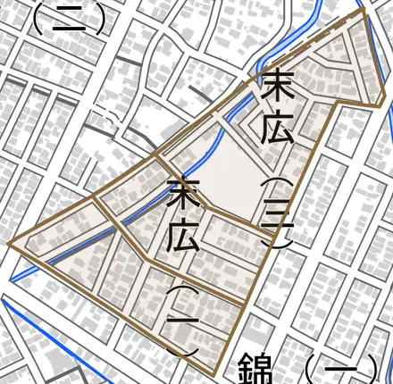 末広とその周辺の地図。町の範囲を重ねている