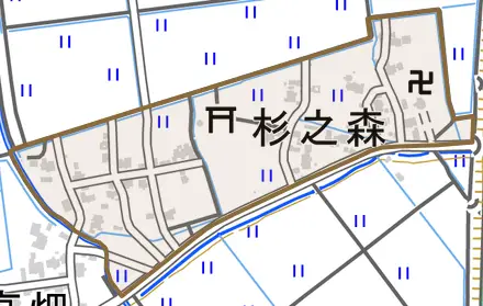 杉之森とその周辺の地図。町の範囲を重ねている