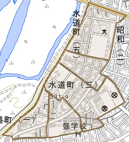 水道町とその周辺の地図。町の範囲を重ねている