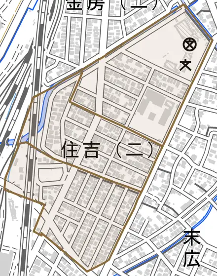 住吉とその周辺の地図。町の範囲を重ねている