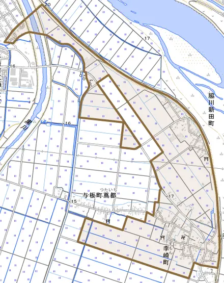 李崎町とその周辺の地図。町の範囲を重ねている