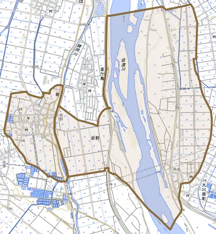岩野とその周辺の地図。町の範囲を重ねている