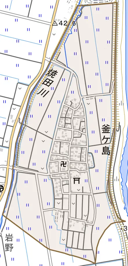 釜ケ島とその周辺の地図。町の範囲を重ねている