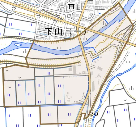 下山町とその周辺の地図。町の範囲を重ねている