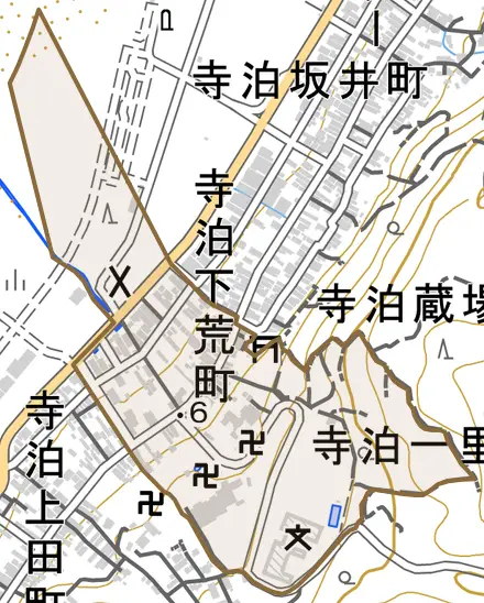 寺泊荒町とその周辺の地図。町の範囲を重ねている