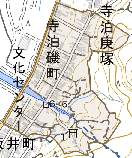 寺泊磯町とその周辺の地図。町の範囲を重ねている